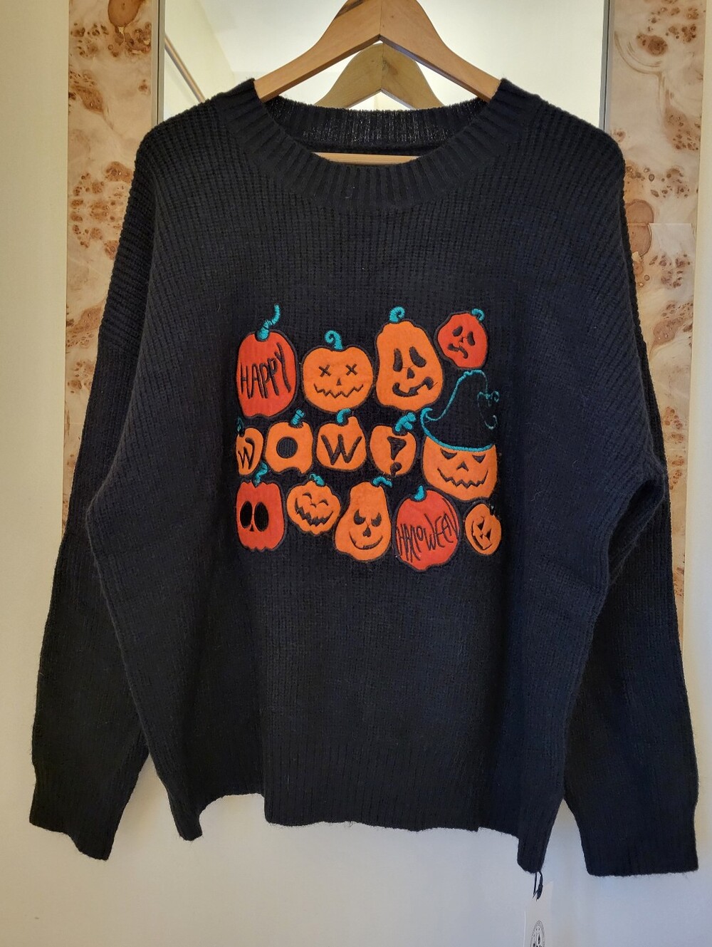 Cider Black Crewneck Sweater with Orange Pumpkin Embroidery